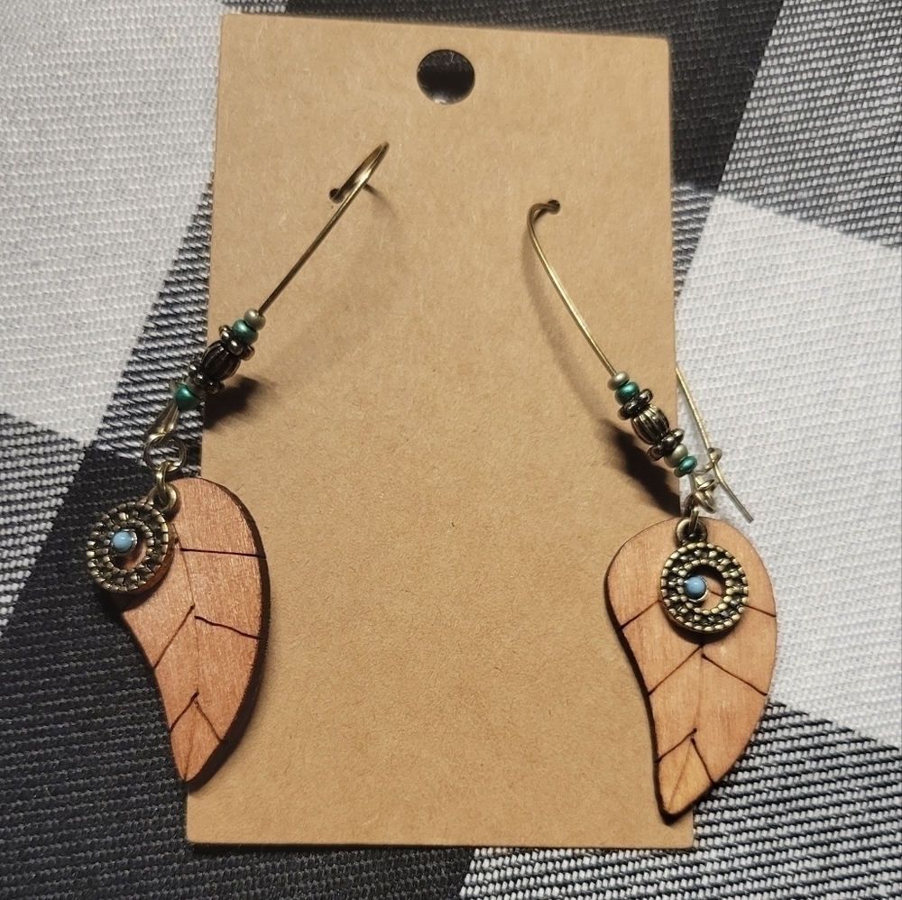 New homemade bohemian wooden leave and turquoise earrings